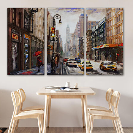 New York Sokakları Ve Sarı Taksi Yağlıboya Görünüm Tablo-3550
