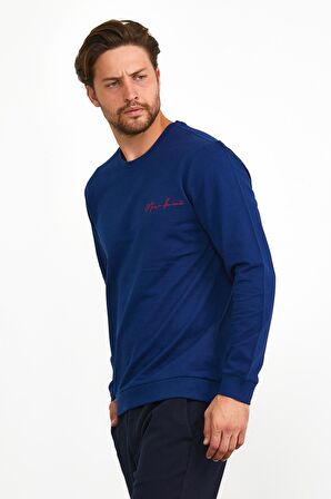 Erkek Basic Bisiklet Yaka Günlük Spor Sweatshirt Mavi