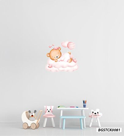 Bizerk Görsel Pembe Bulutun Üzerinde Uyuyan Sevimli Bebek Oyuncak Ayı Cam Kapı Duvar Sticker Seti