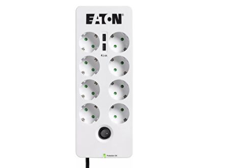 Eaton 8'li Akım Korumalı Priz ve 2 USB Girişi (8'li Schuko,Telefon ve TV Korumalı)Eaton Protection Box 6 USB DIN-PB6UD