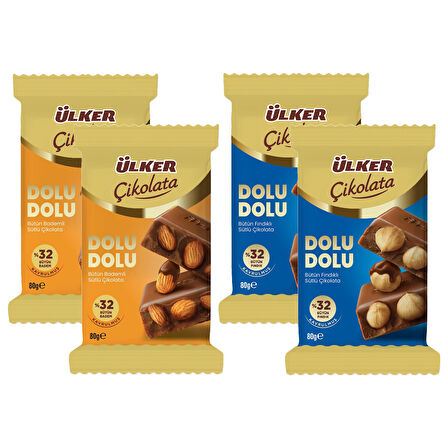 Ülker Dolu Dolu Sütlü Bütün Fındıklı ve Bademli Çikolata 80 gr 4 lü Karma