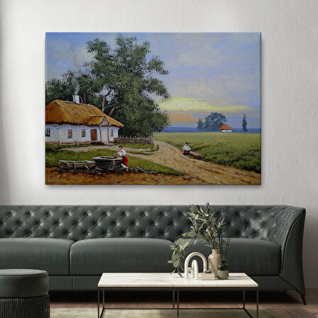 Köy Evi Manzarası Yağlıboya Görünüm Dekoratif Kanvas Duvar Tablosu-3555