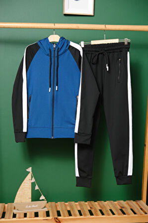 Unisex Şerit Detaylı Kapüşonlu Çocuk Eşofman Takımı