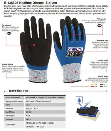 Kesilmez Eldiven E-135625 Nitril Köpük Starline 4x43c 9 Numara