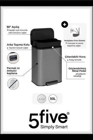 Titan 50 L Metal Pedallı Çelik Çöp Kovası, Kompakt, Yavaş Kapanma, Kolay Temizlenebilir, Çıkarılabilir İç Hazne