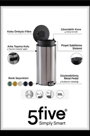 5five Simply Smart Delta Metal Pedallı 30 LT Çöp Kutusu