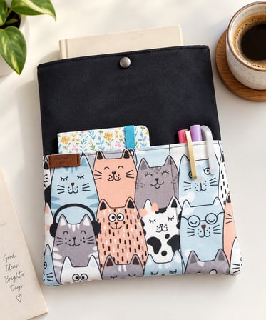 🐱 Hanori Kedi Desenli Kitap Kılıfı & Tablet Kılıfı – El Yapımı Çok Amaçlı Kılıf