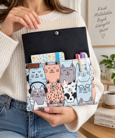🐱 Hanori Kedi Desenli Kitap Kılıfı & Tablet Kılıfı – El Yapımı Çok Amaçlı Kılıf