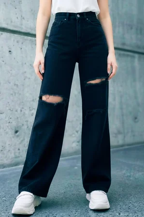 Bella Siyah Salaş Dizi Yırtık Rahat Kesim Palazzo Jeans Kot Pantolon