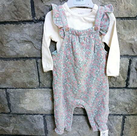M&S Fırfırlı Çiçek Desenli Bebek Tulum ve Uzun kollu T-Shirt (6-9 ay )