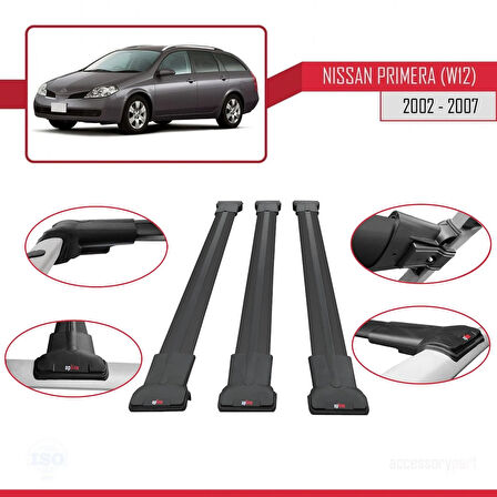 Nissan Primera 3 (W12) Traveller 2002-2007 Arası ile Uyumlu FLY Model Ara Atkı Tavan Barı Siyah 3 Adet