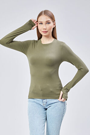 Basic Bisiklet Yaka Uzun Kollu Slim Fit Kadın Body T-shirt