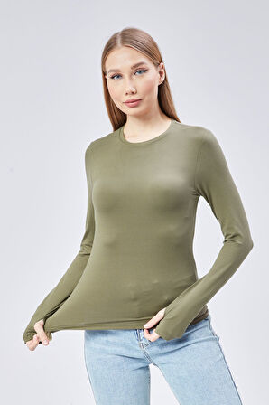Basic Bisiklet Yaka Uzun Kollu Slim Fit Kadın Body T-shirt
