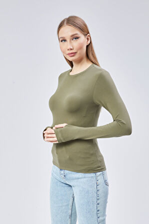 Basic Bisiklet Yaka Uzun Kollu Slim Fit Kadın Body T-shirt