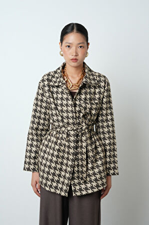 KADIN KAZAYAĞI DESENLİ CEPLİ ASTARSIZ KAHVERENGİ CEKET-GÖMLEK