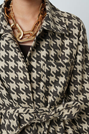 KADIN KAZAYAĞI DESENLİ CEPLİ ASTARSIZ KAHVERENGİ CEKET-GÖMLEK