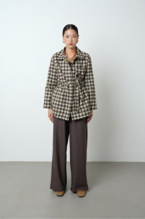 KADIN KAZAYAĞI DESENLİ CEPLİ ASTARSIZ KAHVERENGİ CEKET-GÖMLEK