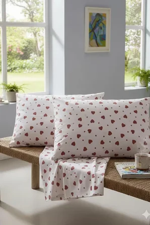 More Home Kapaklı Yastık Kılıfı (2 Adet) 50 x 70 cm Kalp Desenli Beyaz Kırmızı