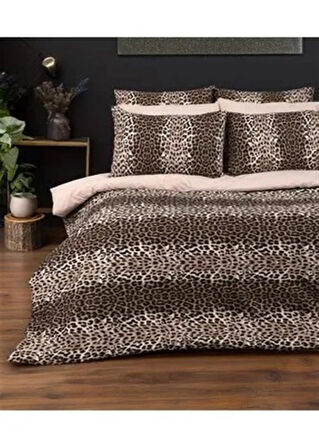 Tek Kişilik Pamuklu Nevresim Takımı Lastikli Çarşaf Leopar Bej Ko