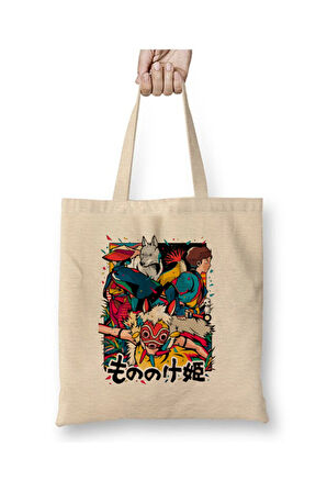 Prenses Mononoke Beyaz Bez Çanta Uzun Saplı Alışveriş Çantası Plaj Çantası