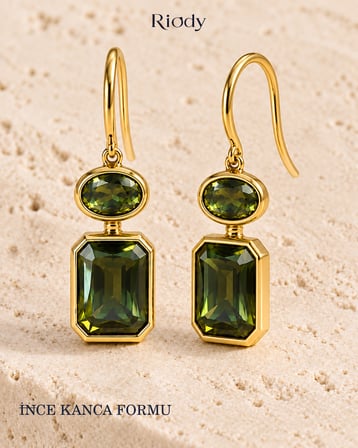 RiODY Éclat d’Olive Gold Kaplama Yeşil Lazer Kesim Zirkon Taşlı Sallantılı Kadın Küpe