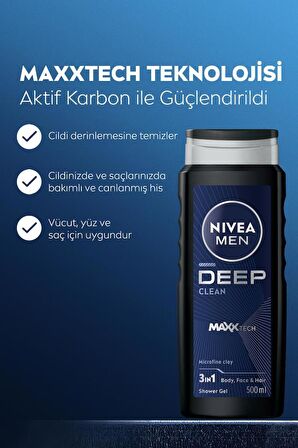 NIVEA MEN Erkek Deep Dimension Duş Jeli 500ml, 3ü1 Arada Komple Bakım, Vücut Saç Yüz, Erkeksi Koku, X3 Adet