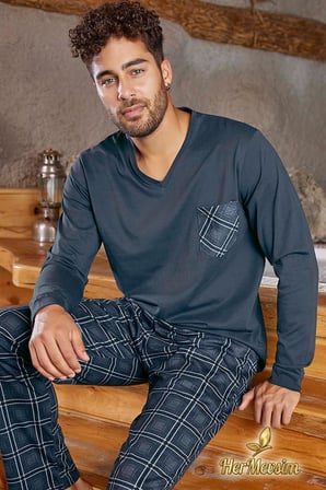 Aydoğan Erkek Pijama Takımı %100 Pamuk Süprem V Yaka Uzun Kol Arduvaz Gri Tuna 3948