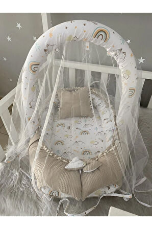 Kahve Pike Kumaş Kombineli Ponponlu Babynest Ve Yorgan Oyuncak Aparat Ve Tül Set