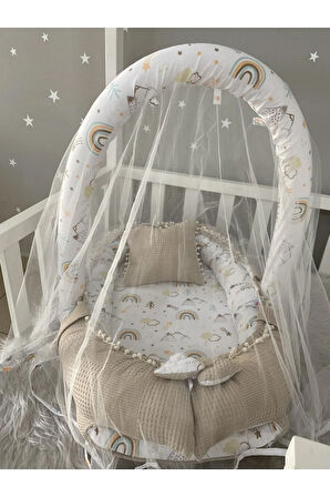 Kahve Pike Kumaş Kombineli Ponponlu Babynest Ve Yorgan Oyuncak Aparat Ve Tül Set