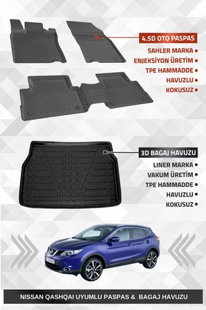 Sahler Nıssan Qashqai Tekna 2014-2021 Uyumlu 4.5D Premium Havuzlu Oto Paspas Ve Liner Marka 3D Bagaj Havuzu