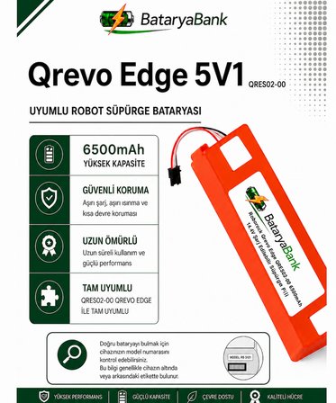 BataryaBank Roborock Qrevo Edge 5V1 (QRES02-00) Uyumlu Robot Süpürge Bataryası 14.4V 6500mAh Li-ion Yüksek Kapasiteli Pil