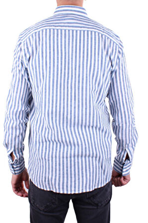 Twister 1905 Lacivert Çizgili Uzun Kol Günlük Pamuk Karışımlı Keten Erkek Gömlek