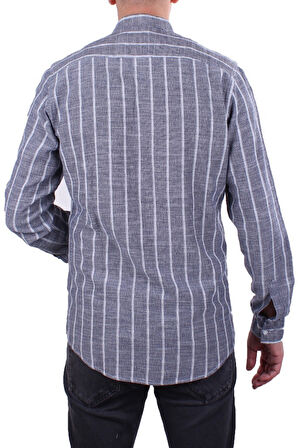 Dagoster DMG23-114098 Lacivert Beyaz Günlük Hasır Keten Normal Kalıp Uzun Kol Erkek Gömlek