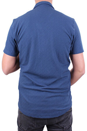 Dagoster DMG23-118381 İndigo Örme Apaj Yaka Dar Kalıp Kısa Kol Erkek Gömlek