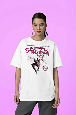 The Amazing Spider Gwen Baskılı Unisex Tişört, Oversize Marvel Tişört