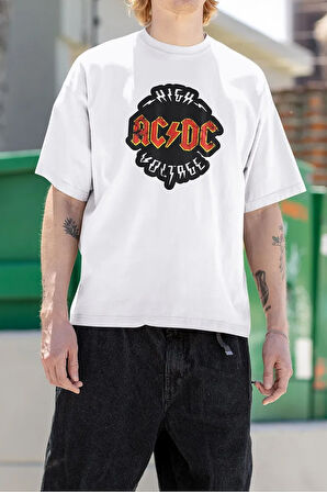 High AC DC Voltage Baskılı Unisex Oversize Rock Metal Müzik Tişört