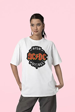High AC DC Voltage Baskılı Unisex Oversize Rock Metal Müzik Tişört
