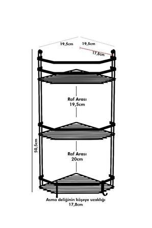 Geseus Üç Katlı Kancalı Banyo Köşe Rafı Mat Siyah ES076H