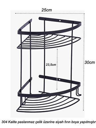Geseus Paslanmaz 2Gözlü Siyah Banyo Köşe Rafı Şampuanlık 304 Kalite Çelik-GNRL2016