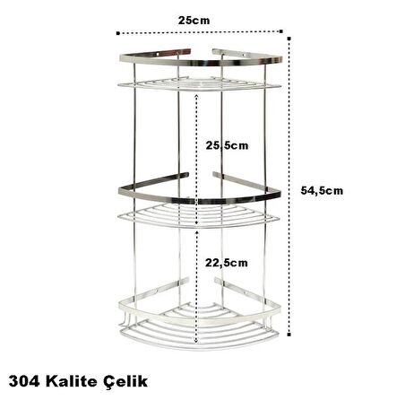 Geseus Paslanmaz Üç Gözlü Banyo Köşe Rafı Şampuanlık 304 Kalite Paslanmaz Çelik-GNRL2020