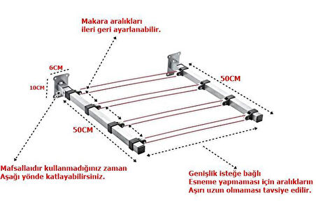 Duvara Monteli Paslanmaz Makaralı Katlanır Çamaşır Askısı İP HEDİYELİ