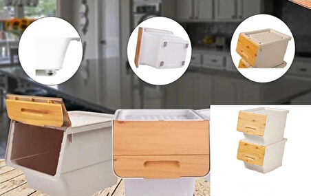 Motek  Patateslik Soğanlık Tekerlekli Organizer Çok Amaçlı Saklama Kutusu 2X33 Lt Bambu+Krem