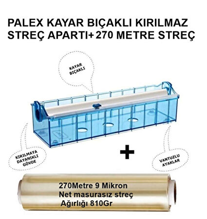 Streç Film 30cmX270mt+Palex Streç Aparatı Kırılmaz Vantuzlu Kayar Bıçaklı