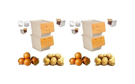 Motek Patateslik Soğanlık Sepeti Oyuncak Kutusu Tekerlekli Organızer Çok Amaçlı Kutu 4X12Lt-Bambu+Krem