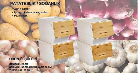 Motek Patateslik Soğanlık Sepeti Oyuncak Kutusu Tekerlekli Organızer Çok Amaçlı Kutu 4X12Lt-Bambu+Krem