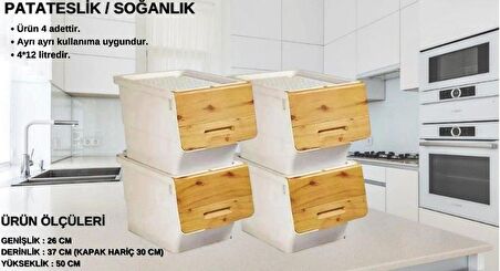 Motek Patateslik Soğanlık Sepeti Oyuncak Kutusu Tekerlekli Organızer Çok Amaçlı Kutu 4X12Lt-Bambu+Krem