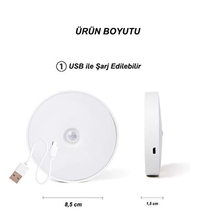 USB Şarjlı PIR Hareket Sensörlü Gece Lambası Magnet Mıknatıslı 4000K-Gün Işığı-4Adet