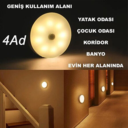 USB Şarjlı PIR Hareket Sensörlü Gece Lambası Magnet Mıknatıslı 4000K-Gün Işığı-4Adet