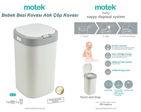 Motek Kartuşlu Bebek Bezi Kovası Atık Çöp Kovası 19 Lt+1 Ad Extra yedek kartuş