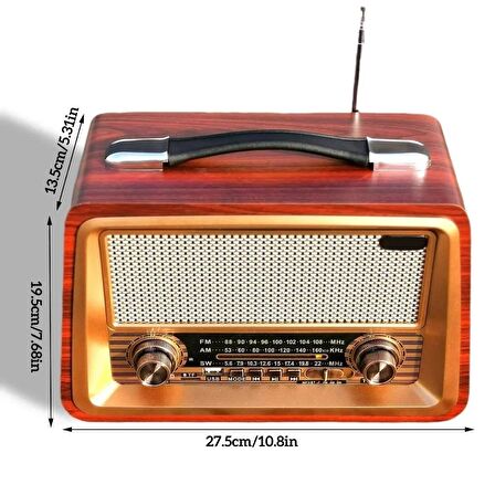 Nostaljik Ahşap Şarzlı 3 Bant Radyo,Tf,Usb Girişli,Fm Radyo,Bluetooth Bağlantılı- R-2066BT-KOYU KAHVE